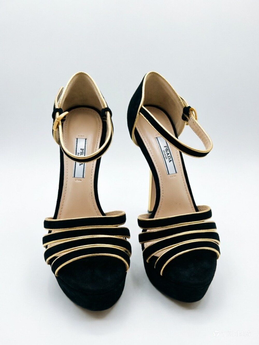 Prada Black/Gold Suede And Leather Open Toe Ankle Strap Platform Sandals - Picture 3 of 11